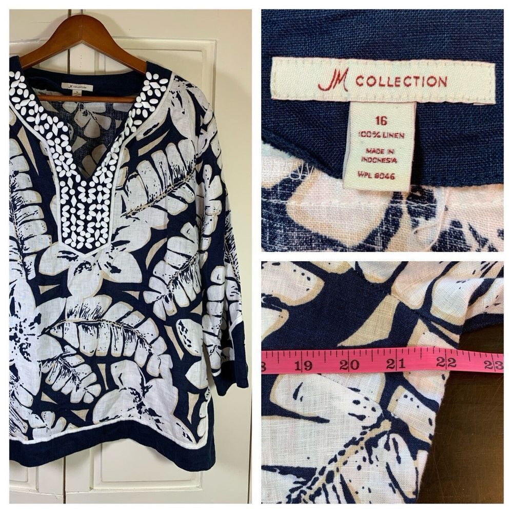 JM Collection Blouse Women 16 Linen Shirt Floral Coastal Bloomcore Summer Beaded